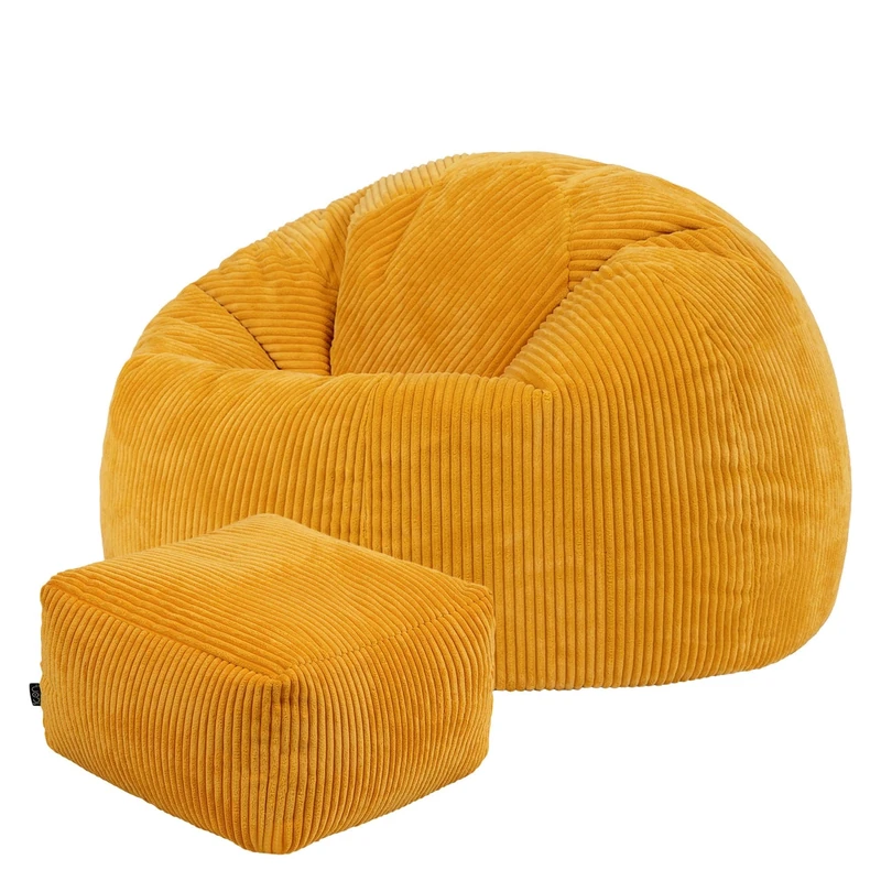 icon Kingston Cord Bean Bag with Footstool, Ochre Yellow, Large Adult Bean Bag Chair with Filling Included, Comfy Chair, Pouffe Footstool, Living Room Furniture, Bedroom Furniture