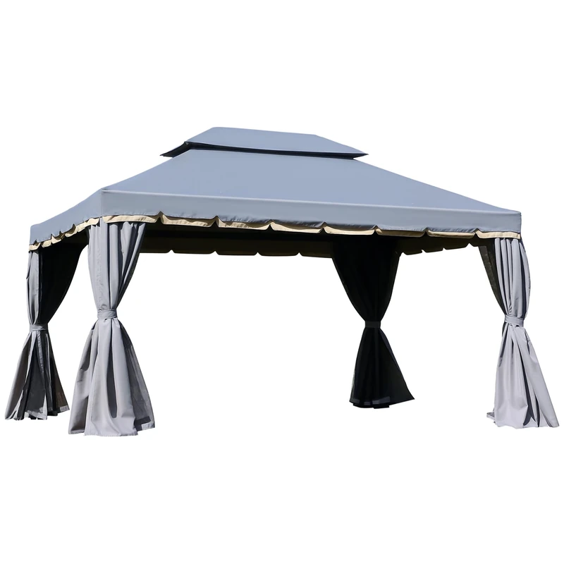 Outsunny 3 x 4m Aluminium Garden Gazebo, Marquee Canopy Shelter Pavilion Party Tent with Nets and Curtains for Garden and Deck, Grey