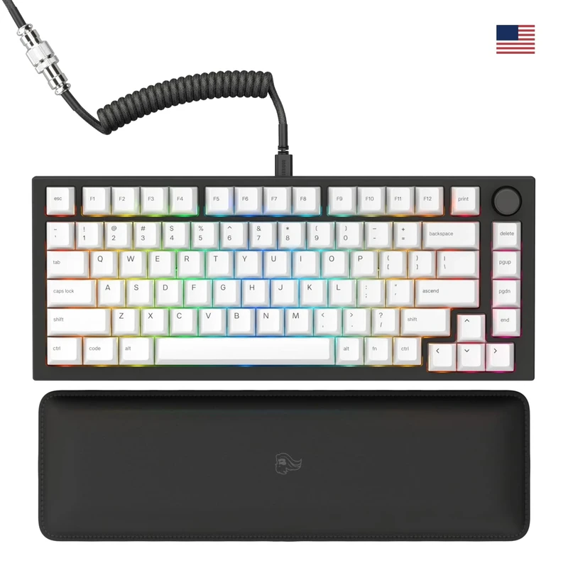 Glorious Gaming GMMK PRO 75% - Modular Mechanical Gaming Keyboard, TKL Size, 1.5kg Frame, Customisable, Fox Switches, Coiled Cable, Wrist Rest, White PBT Keycaps, RGB, American QWERTY Layout - Black