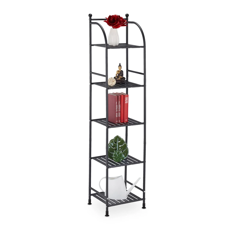 Relaxdays Narrow Storage Unit, 145 X 33 X 28 cm, Kitchen & Bathroom Shelf, 5 Lattice Trays, Metal Standing Tower, Black