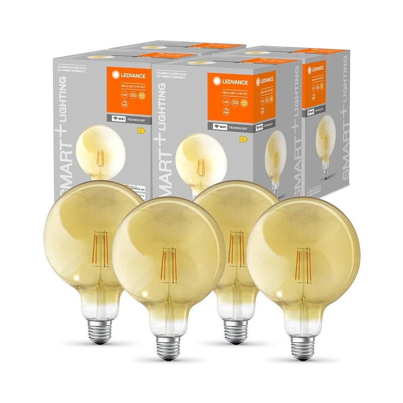 LEDVANCE Smart LED lamp in Gold with 6W, 2700K, E27, 125mmx178mm, with WiFi Technology, Bulb dimmable Global Form controllable via app and Voice Assistant, 4-Pack