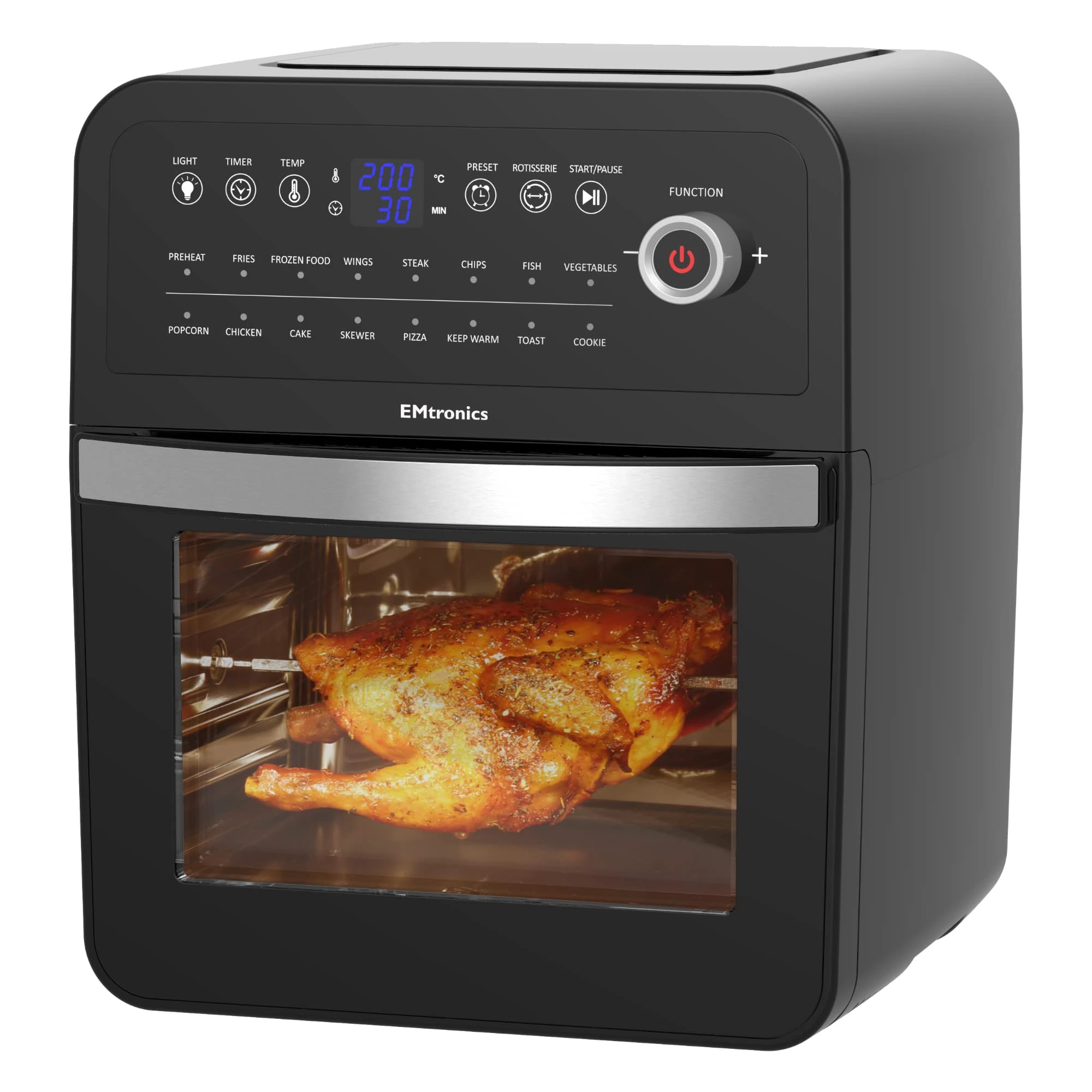 EMtronics Retro Air Fryer Oven Combi, Rotisserie and Grill, Large Family Size 12L with 16 Pre-Set Menus for Oil Free Cooking – Black