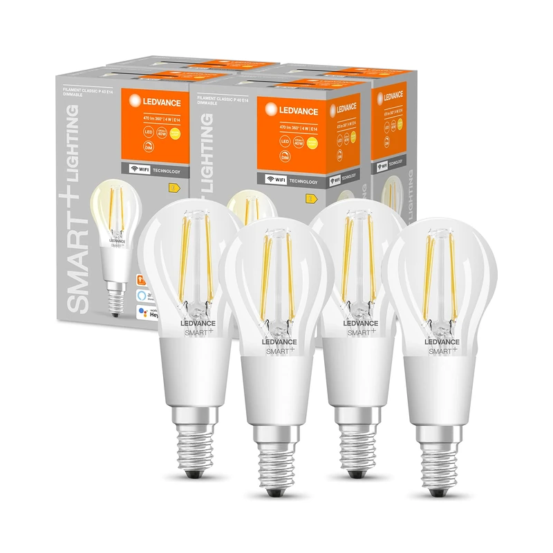 LEDVANCE Smart LED Bulb with WiFi Technology, E14 Base, Dimmable, Warm White (2700K), Drop Shape, Clear Filament, Replacement for Conventional 75W Bulbs, Controllable with Alexa, Google & App, 4-Pack