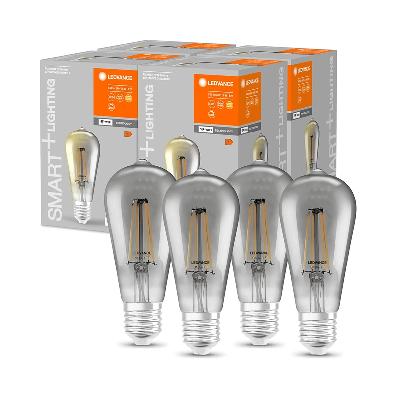 LEDVANCE Smart LED Bulb with WiFi Technology, E27, Dimmable, Warm White (2500K), Edison Shape, Clear Filament in Smoked Glass, Replacement for Conventional 44W Bulbs, 4-Pack