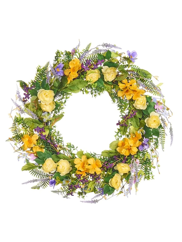 WeRChristmas Artificial Spring Rose & Heather Wreath, Yellow & Purple, 28 Inch