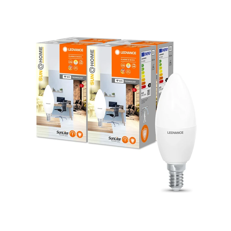 LEDVANCE Sun@Home LED lamp E14 4,9W Replaces 25 W, 425 Lm, Sunlight to Fireplace (2200-5000K), CRI95, Sun@Home Smart WiFi lamp controllable via Alexa, Google and app, 4-Pack