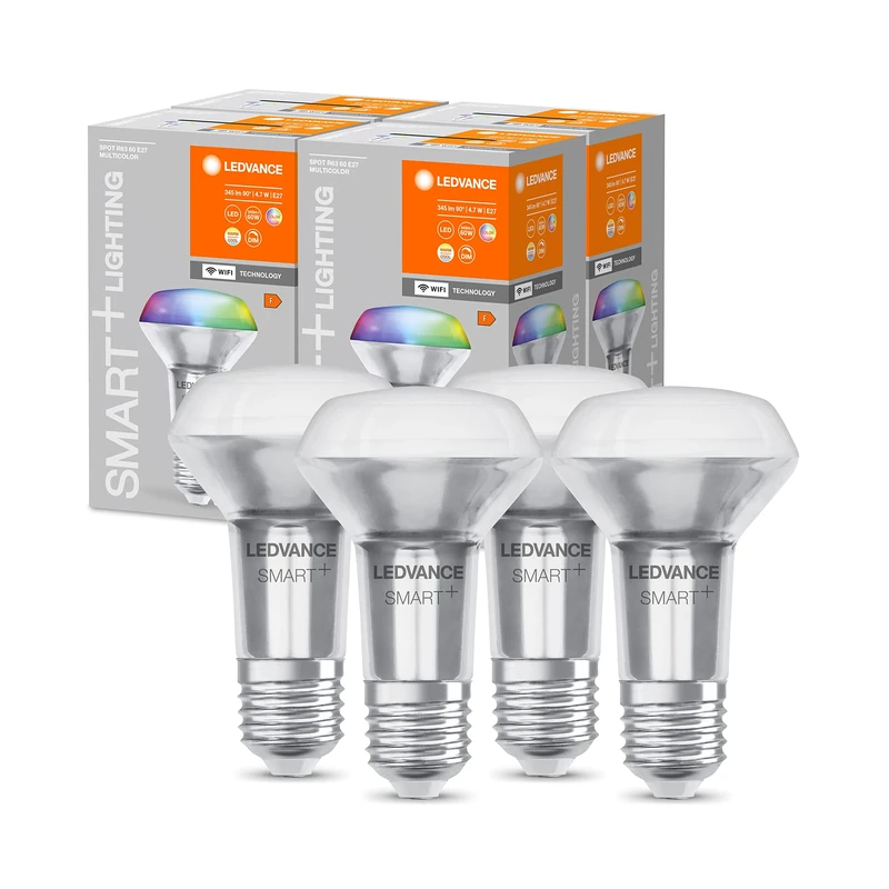 LEDVANCE Smart LED R63 spot lamp with WiFi Technology, E27, RGB Colours & Light Colour Changeable, Reflector lamp as Replacement for Conventional 60W Light Bulbs, 4-Pack