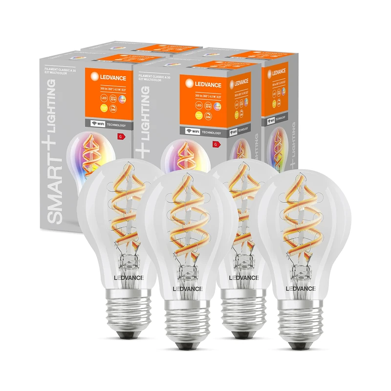 LEDVANCE Smart LED Bulb with WiFi Technology, E27, RGB Colours Changeable, Bulb Form, Coloured Filament as Mood Light, Replacement for Conventional 60W Bulbs, 4-Pack