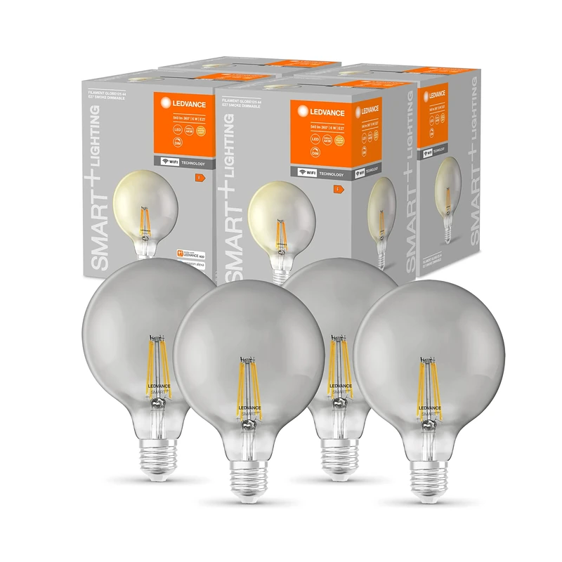 LEDVANCE Smart LED Bulb with WiFi Technology, E27, Dimmable, Warm White (2500K), Globe Shape, Clear Filament in Smoked Glass, Replacement for Conventional 48W Bulbs, 4-Pack