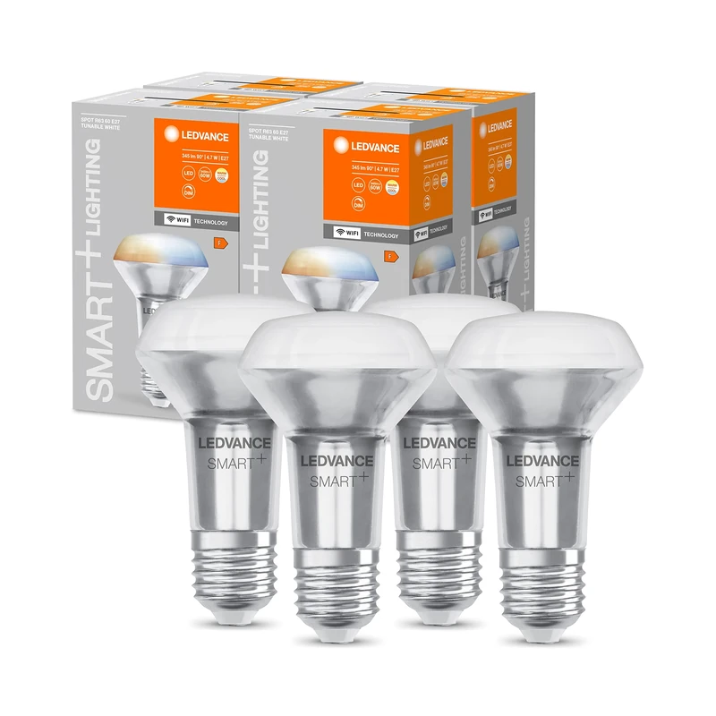 LEDVANCE Smart LED R63 spot lamp with WiFi Technology, E27 Base, Light Colour Changeable (2700-6500K), Replacement for Conventional 60W Reflector Light Bulbs, 4-Pack