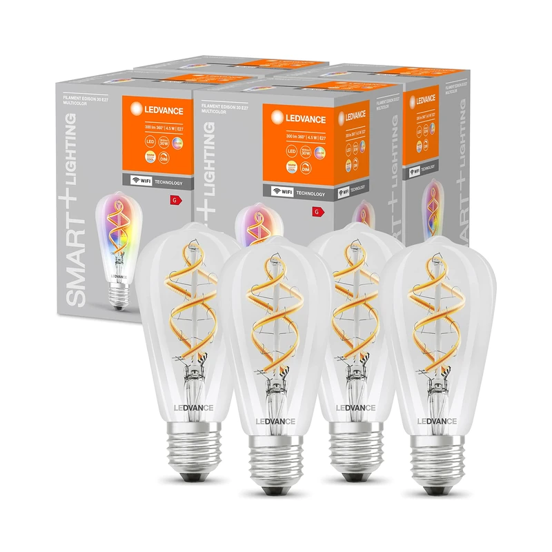 LEDVANCE Smart LED Bulb with WiFi Technology, E27, RGB Colours Changeable, Edison Shape, Coloured Filament as Mood Light, Replacement for Conventional 60W Bulbs, 4-Pack