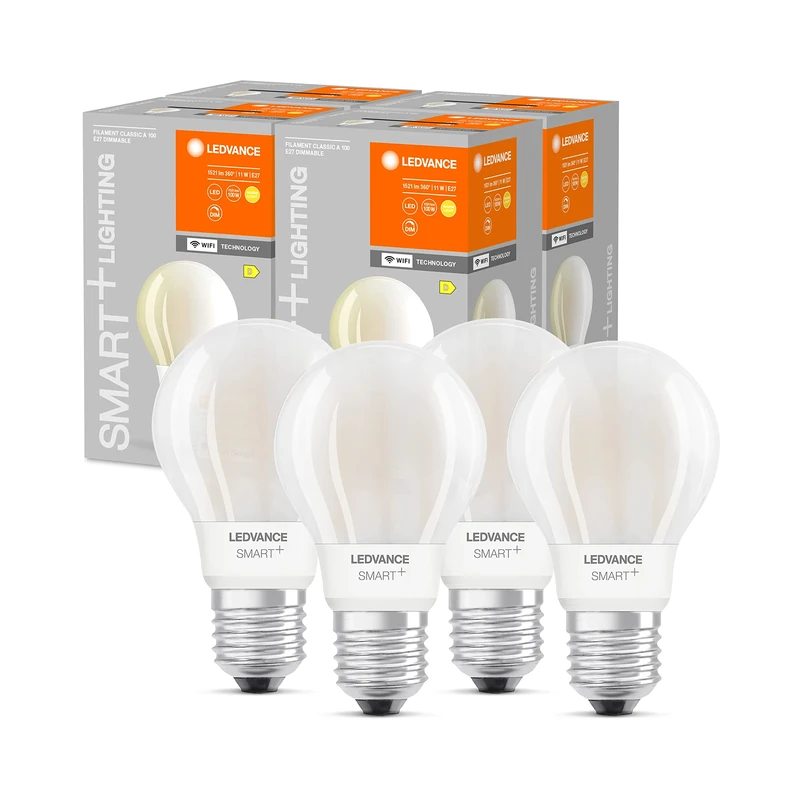 LEDVANCE Smart LED Bulb with WiFi Technology, E27 Base, Dimmable, Warm White (2700K), Bulb Shape, Matt, Replacement for Conventional 75W Bulbs, Controllable with Alexa, Google & App, 4-Pack