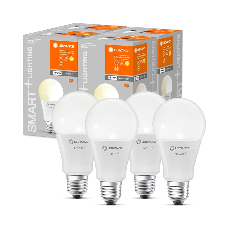 LEDVANCE Smart LED lamp with WiFi Technology, E27 Base, Dimmable, Warm White (2700 K), Replaces Incandescent Lamps with 100 W, Smart+ WiFi Classic Dimmable, 4-Pack