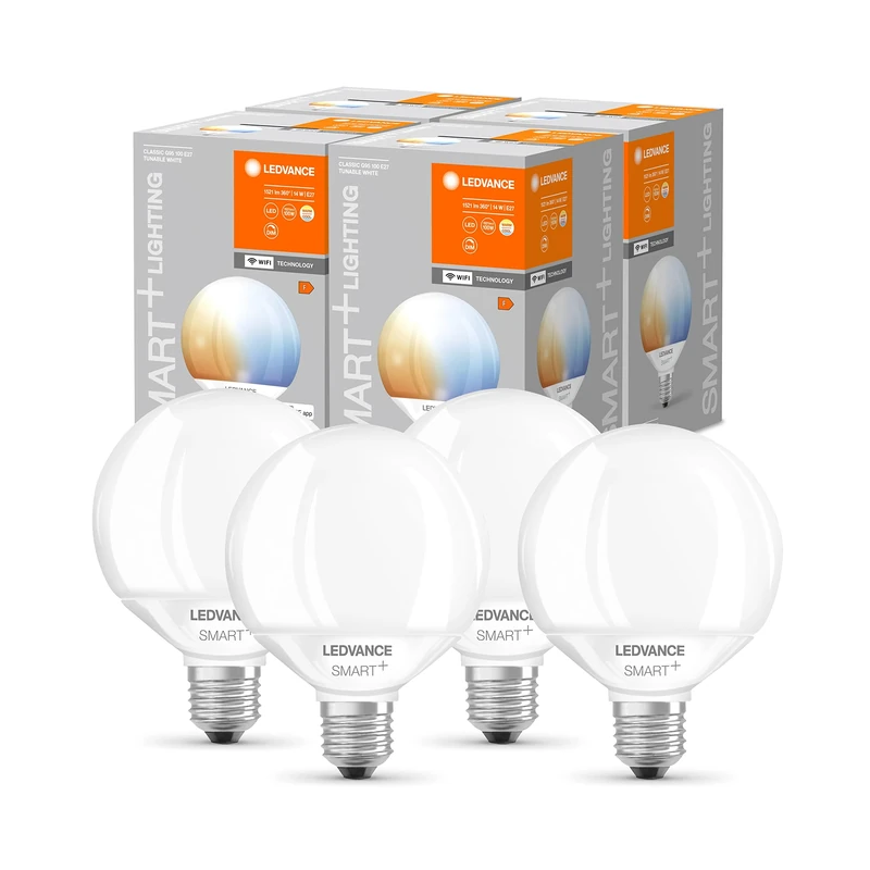 LEDVANCE Smart LED lamp with WiFi Technology, E27, Dimmable, Light Colour Changeable (2700-6500K), Globe Shape, Matt, Replacement for Conventional 100W Bulbs, 4-Pack