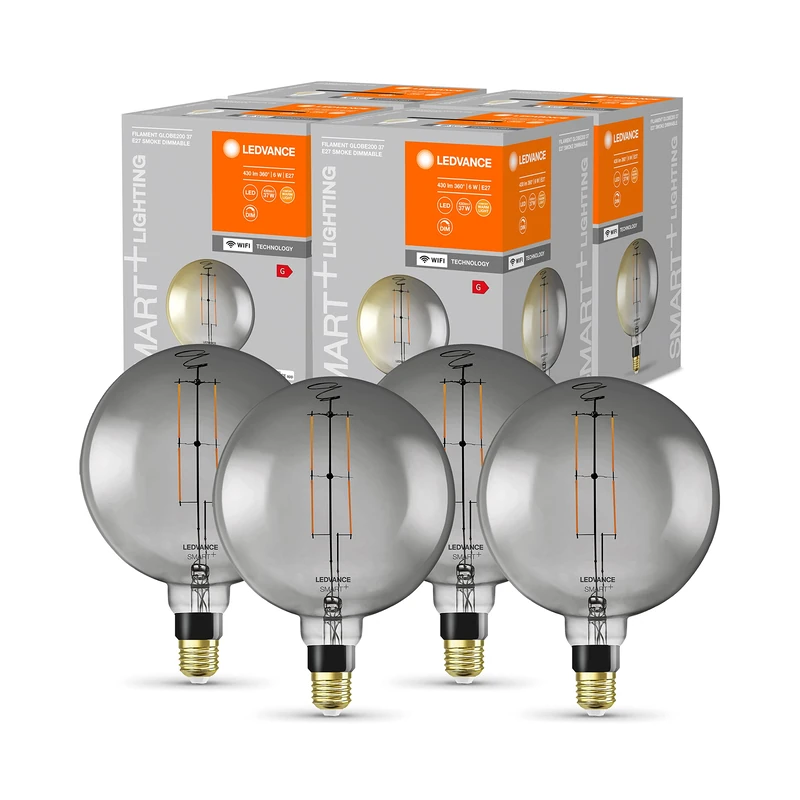 LEDVANCE Smart LED Bulb with WiFi Technology, E27, Dimmable, Warm White (2500K), Large Globe Shape, Clear Filament in Smoke Glass, Replacement for Traditional 37W, 4-Pack