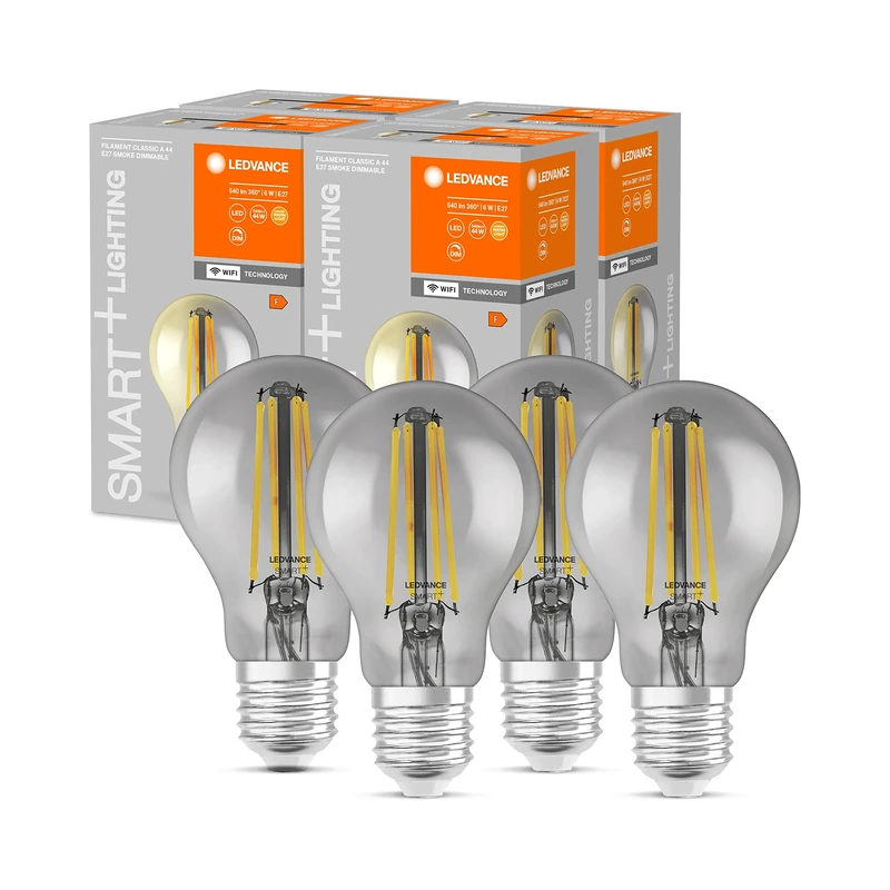 LEDVANCE Smart LED Bulb with WiFi Technology, E27, Dimmable, Warm White (2500K), Bulb Shape, Clear Filament in Smoked Glass, Replacement for Conventional 44W Bulbs, 4-Pack