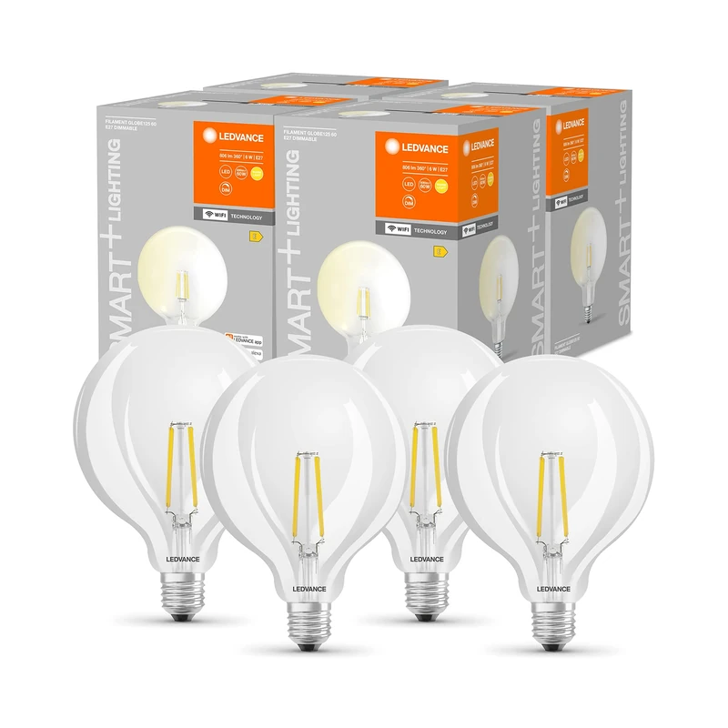 LEDVANCE Smart LED lamp with WiFi Technology, Base: E27, Warm White, 2400 K, 5.50 W, Replacement for 60 W Incandescent Bulb, Works with Google & Alexa Voice Control, Dimmable, 4-Pack