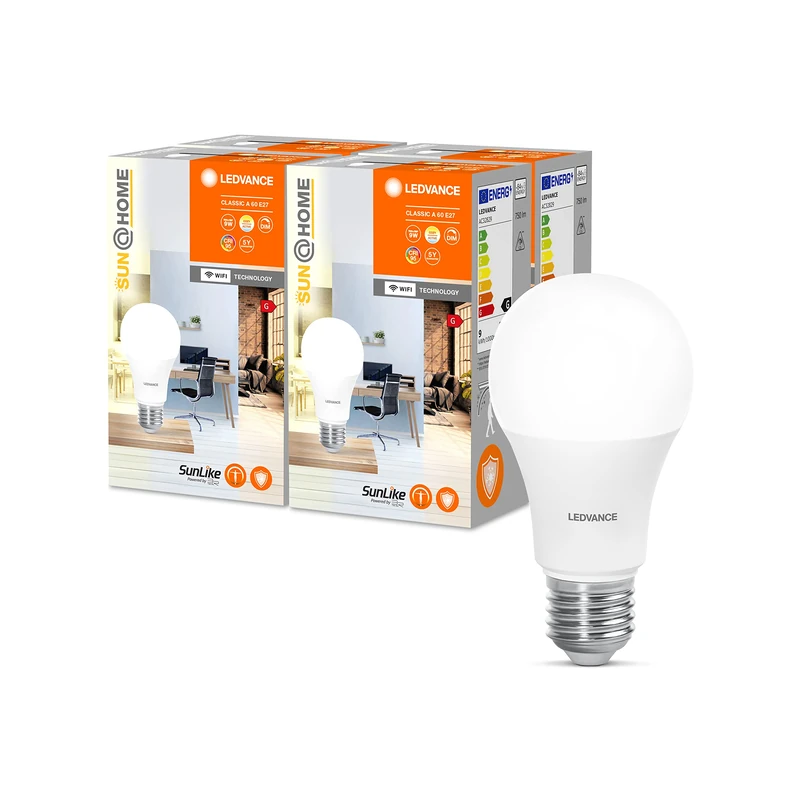 LEDVANCE Sun@Home LED lamp E27 with 9W Replaces 40 W, 750 Lm, Sunlight to Fireplace (2200-5000K), CRI95, Smart WiFi lamp controllable via Alexa, Google and app, 4-Pack