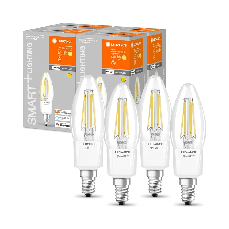 LEDVANCE Smart LED Bulb with WiFi Technology, E14, Dimmable, Warm White (2700K), Candle Shape, Clear Filament, Replacement for Conventional 40W Bulbs, Controllable with Alexa, Google & App, 4-Pack