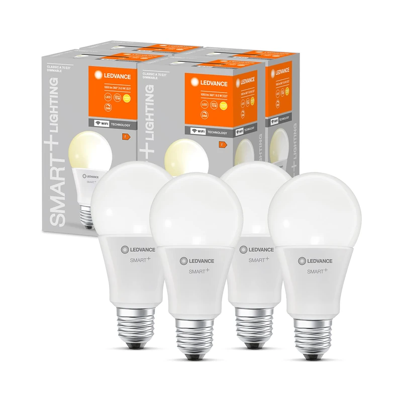 LEDVANCE Smart LED lamp with WiFi Technology, E27 Base, Dimmable, Warm White (2700 K), Replaces Incandescent Lamps with 75 W, Smart+ WiFi Classic Dimmable, 4-Pack
