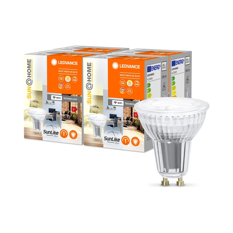 LEDVANCE Sun@Home LED lamp GU10 with 4,9W Replaces 40 W, 268 Lm, Sunlight to Fireplace (2200-5000K), CRI95, Sun@Home Smart WiFi Light controllable via Alexa, Google and app,4-Pack