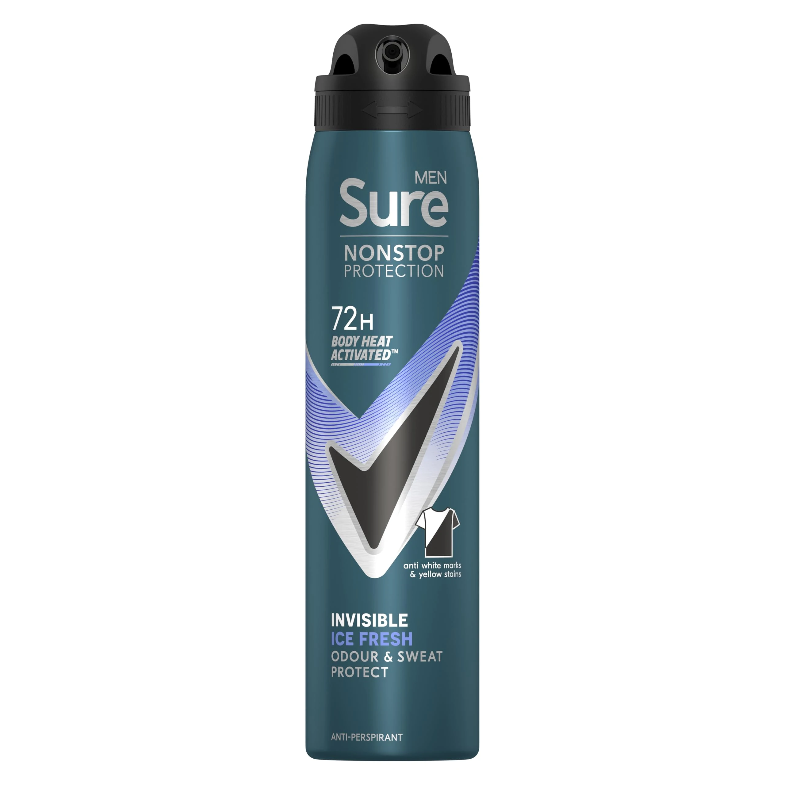 Sure Men Nonstop Protection Invisible Ice Fresh Deodorant Body Spray Antiperspirant with body heat activated technology for 72 hour odour and sweat protection 250 ml
