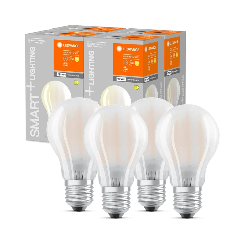 LEDVANCE Smart LED Bulb with WiFi Technology, E27 Base, Dimmable, Warm White (2700K), Bulb Shape, Matt, Replacement for Conventional 75W Bulbs, Controllable with Alexa, Google & App, 4-Pack