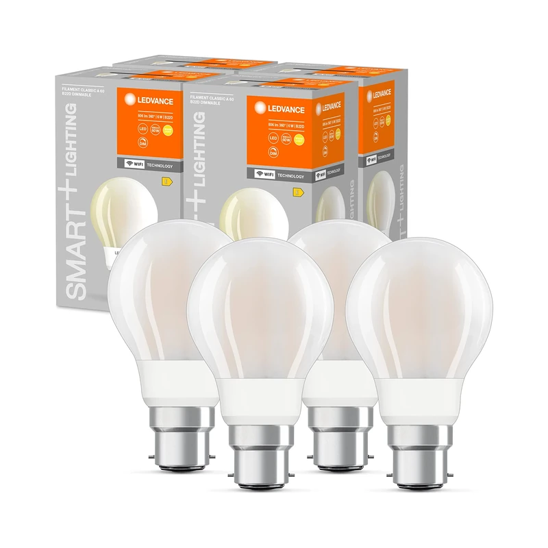 LEDVANCE Smart LED Bulb with WiFi Technology, B22d Base, Dimmable, Warm White (2700K), Bulb Shape, Frosted, Replacement for Conventional 60W Bulbs, Controllable with Alexa, Google & App, 4-Pack