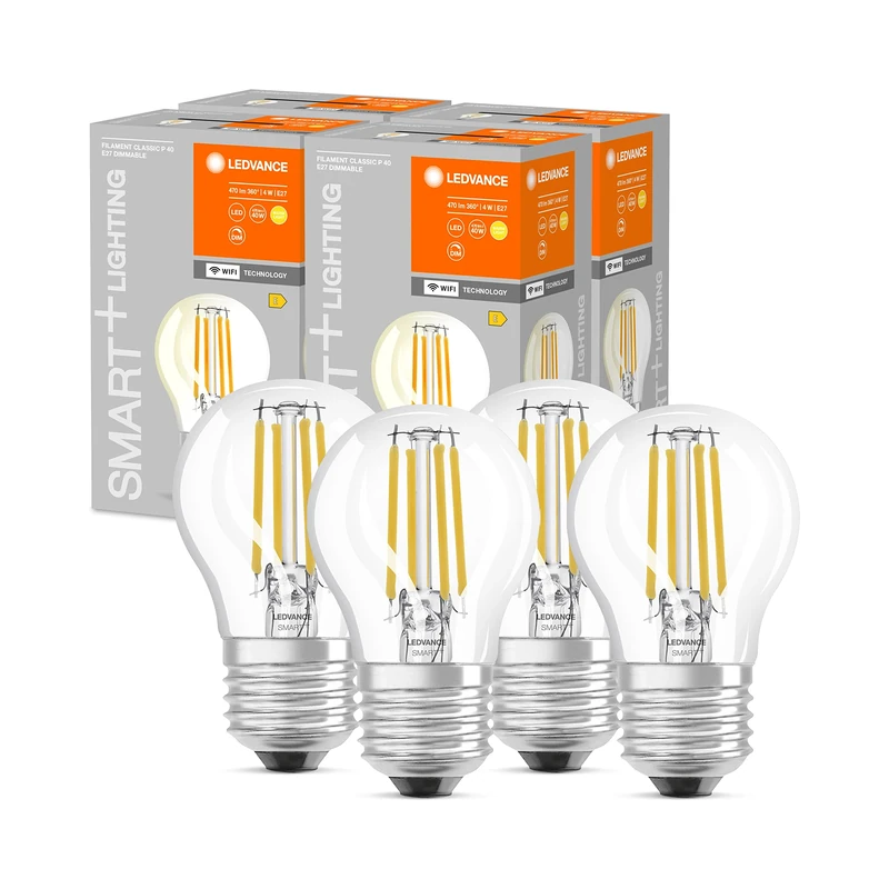 LEDVANCE Smart LED Bulb with WiFi Technology, E27, Dimmable, Warm White (2700K), Teardrop Shape, Clear Filament, Replacement for Conventional 40W Bulbs, Controllable with Alexa, Google & App, 4-Pack