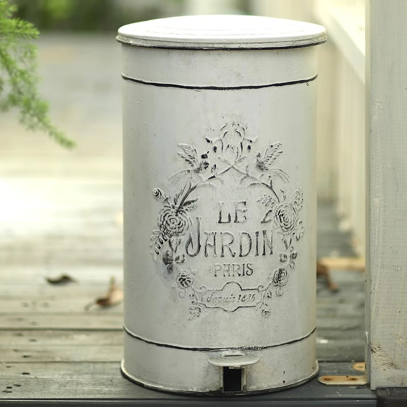 Handmade White Metal Garden Waste Pedal Bin "Le Jardin" Vintage Look Unique Chic - Image 1