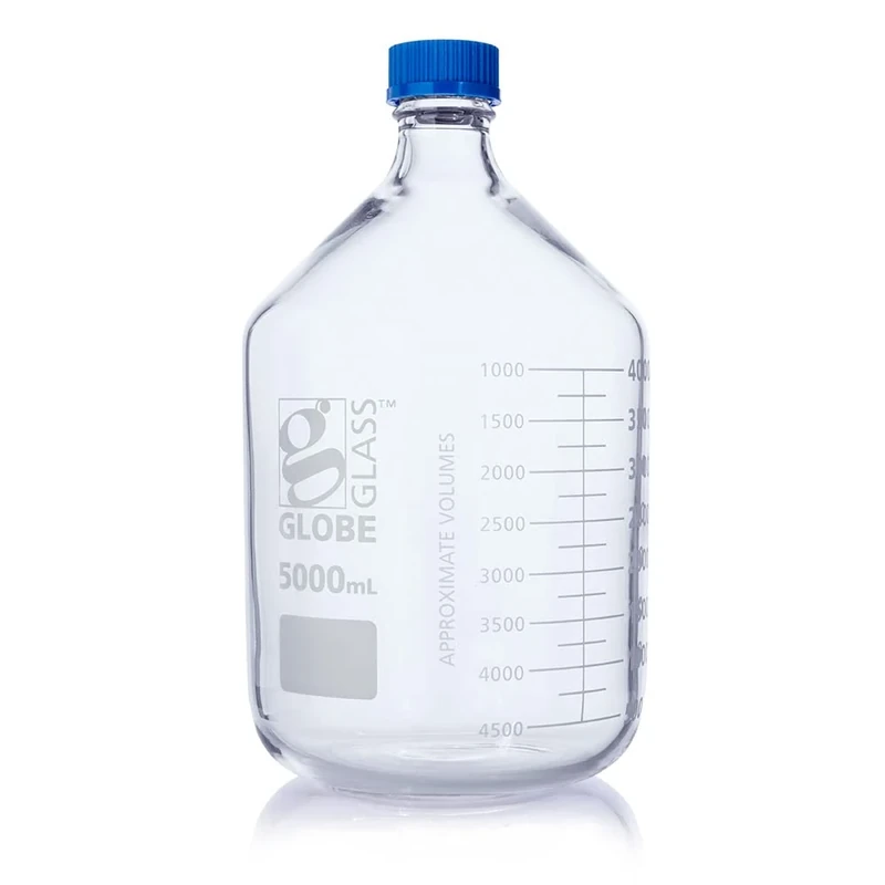 Globe Scientific Globe Glass Media Bottle, 8105000, 5000mL, GL45 Screw Cap, 3.3 Borosilicate Glass, Dual Graduations, 10/Box