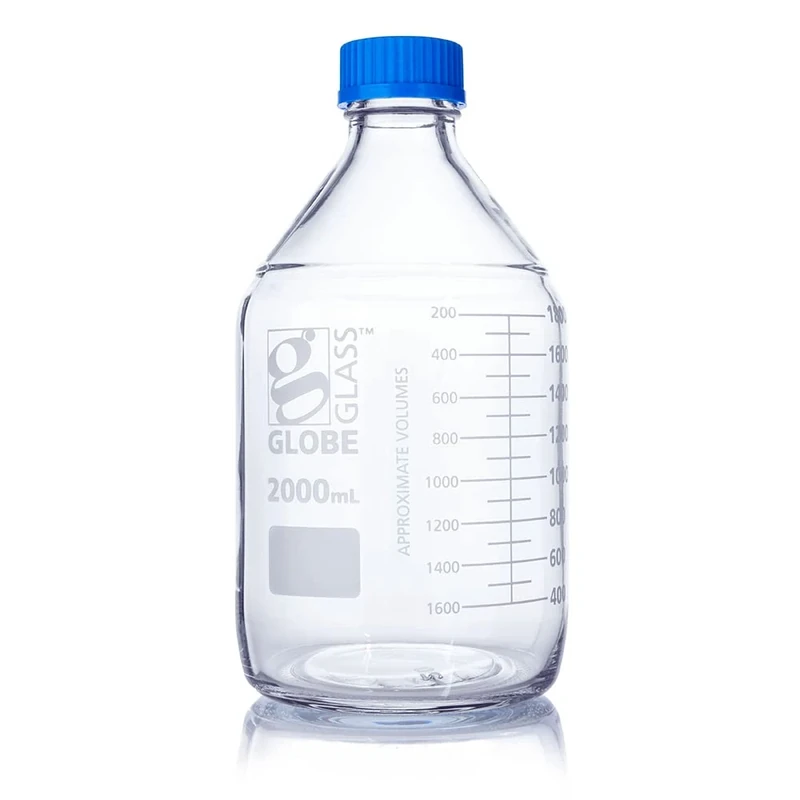 Globe Scientific Globe Glass Media Bottle, 8102000, 2000mL, GL45 Screw Cap, 3.3 Borosilicate Glass, Dual Graduations, 10/Box