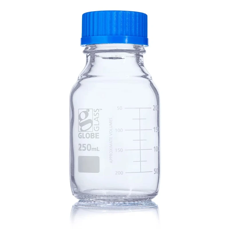 Globe Scientific Globe Glass Media Bottle, 8100250, 250mL, GL45 Screw Cap, 3.3 Borosilicate Glass, Dual Graduations, 10/Box
