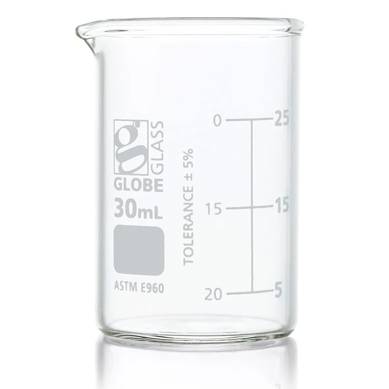 Globe Scientific Beaker, Globe Glass, 30mL, Low Form Griffin Style, Dual Graduations, 3.3 Borosilicate Glass, ASTM E960, 12/Box (8010030)