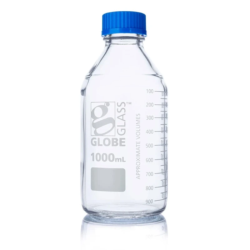 Globe Scientific Globe Glass Media Bottle, 8101000, 1000mL, GL45 Screw Cap, 3.3 Borosilicate Glass, Dual Graduations, 10/Box