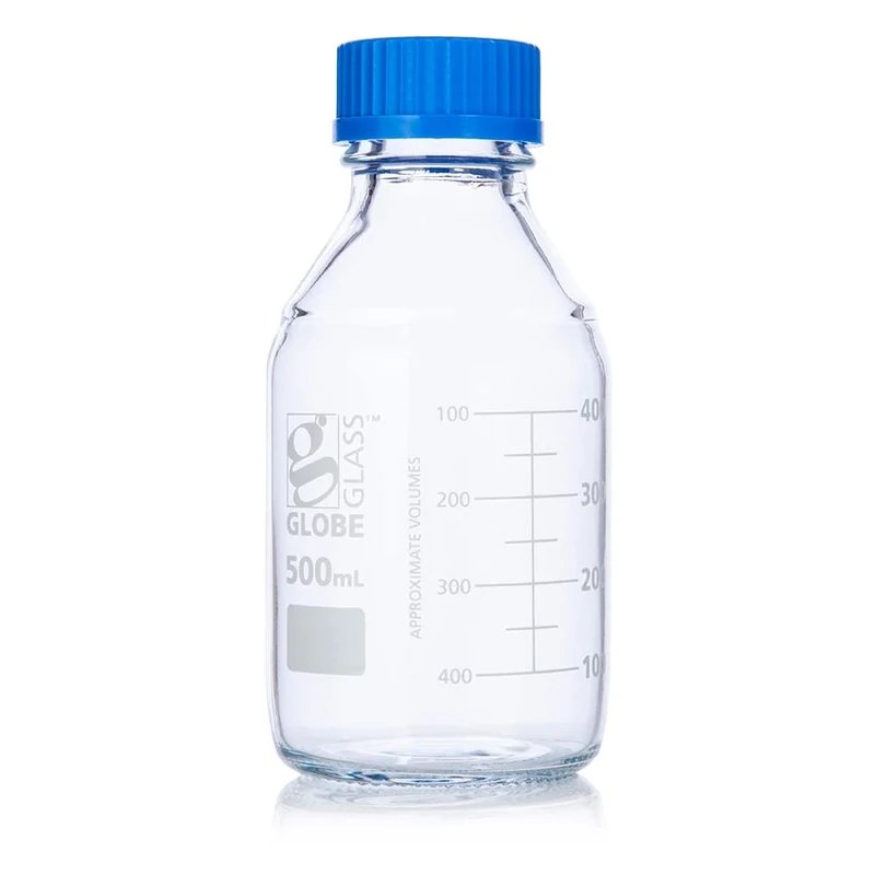 Globe Scientific Globe Glass Media Bottle, 8100500, 500mL, GL45 Screw Cap, 3.3 Borosilicate Glass, Dual Graduations, 10/Box