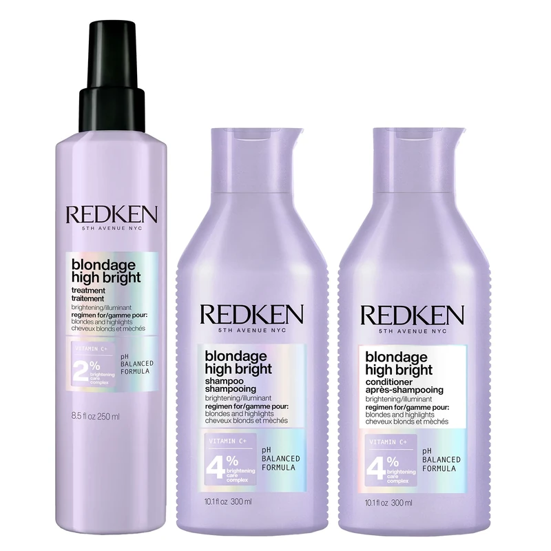 REDKEN Blondage High Bright, Full Routine For Darkened And Dulling Blonde Hair, Pre-Treatment 250 ml, Shampoo and Conditioner 300 ml, Removes Impurities And Brightens Hair After One Wash, Vitamin C Infused, Trio Routine