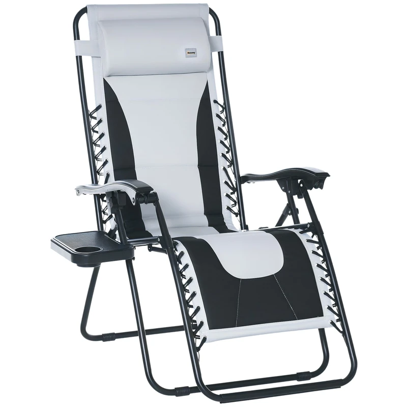 Outsunny Zero Gravity Lounger Chair, Folding Reclining Patio Chair with Padded Seat, Cup Holder, Soft Cushion and Headrest for Poolside, Camping, Light Grey