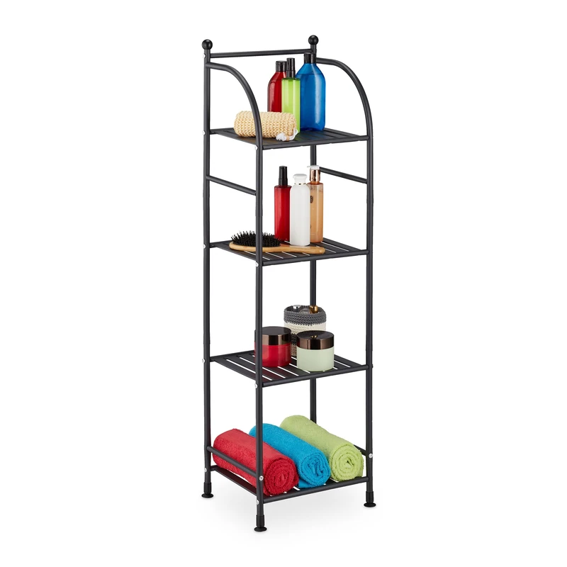 Relaxdays Narrow Storage Unit, 115 X 33 X 28 cm, Kitchen & Bathroom Shelf, 4 Lattice Trays, Metal Standing Tower, Black
