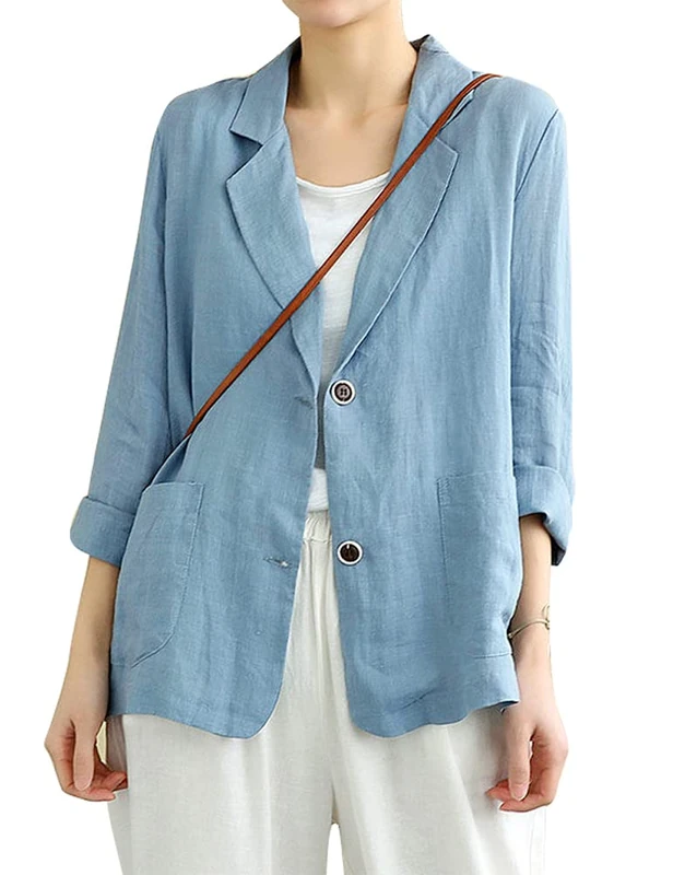 IDEALSANXUN Cotton Linen Blazer for Womens Long Sleeve Loose Casual Blazer Jackets, A Blue, L