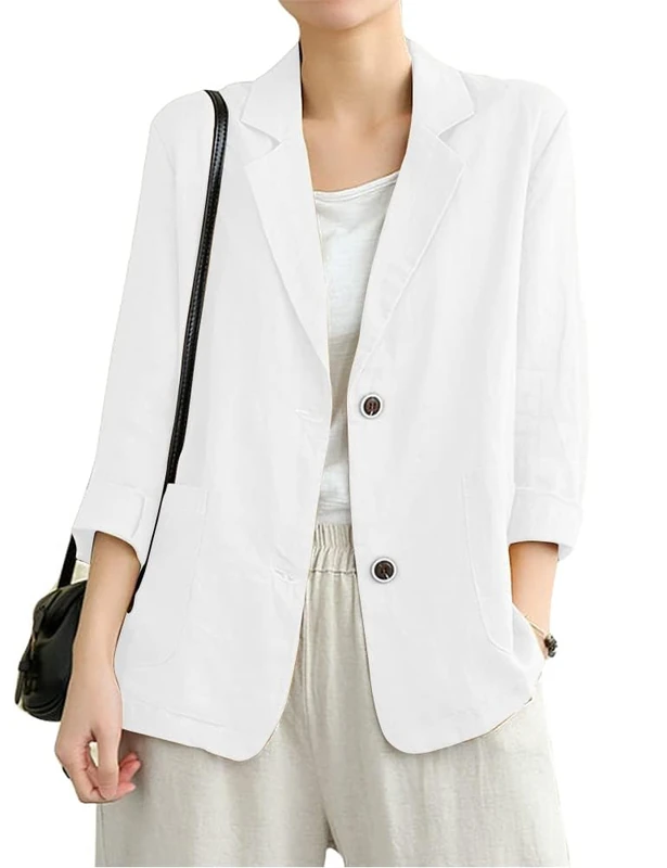 IDEALSANXUN Cotton Linen Blazer for Womens Long Sleeve Loose Casual Blazer Jackets, White, M