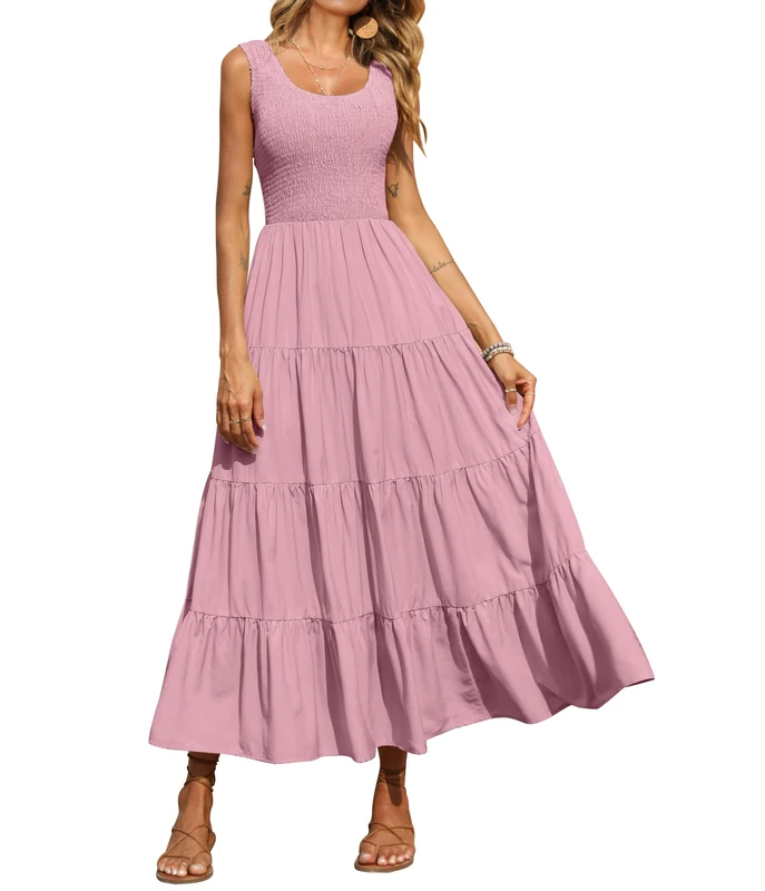 PRETTYGARDEN Women's 2025 Casual Loose Plain Maxi Sundress Smocked Tank Dress Sleeveless Summer Beach Tiered Long Dresses, Pink, S - Image 1