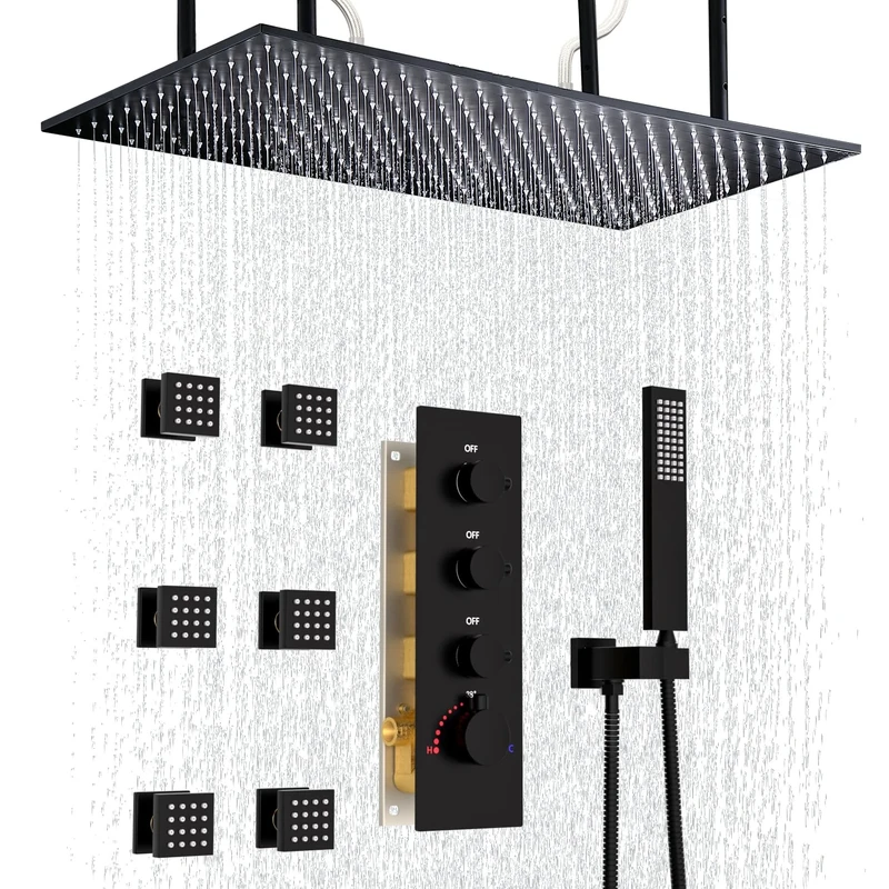 Enga Large Rain Shower System with Body Jets, 16x32 Inches Rectangle Rain Showerhead with Handheld Combo Set, Flow Adjustable, Can Use All Functions At Same Time, Matte Black