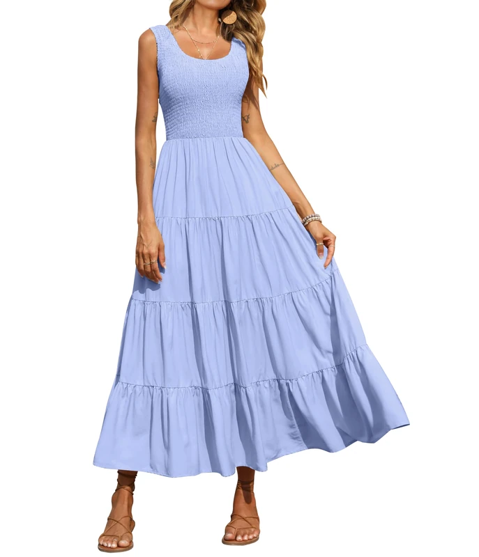 PRETTYGARDEN Women's Casual Loose Plain Maxi Sundress Smocked Tank Dress Sleeveless Summer Beach Tiered Long Dresses, Blue, Small