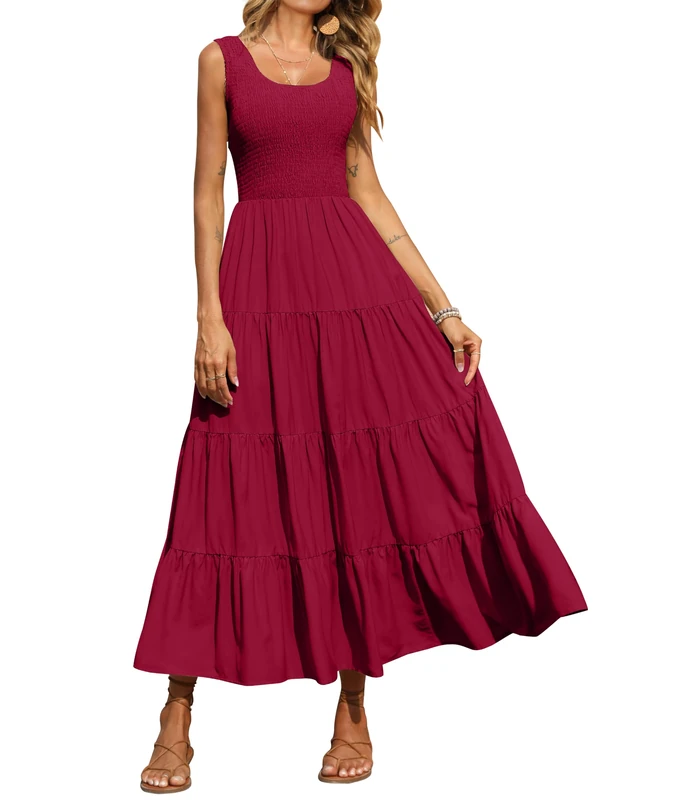 PRETTYGARDEN Women's 2025 Casual Loose Plain Maxi Sundress Smocked Tank Dress Sleeveless Summer Beach Tiered Long Dresses, Wine Red, L