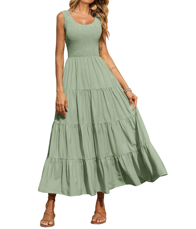 PRETTYGARDEN Women's Casual Loose Plain Maxi Sundress Smocked Tank Dress Sleeveless Summer Beach Tiered Long Dresses, Green, Medium