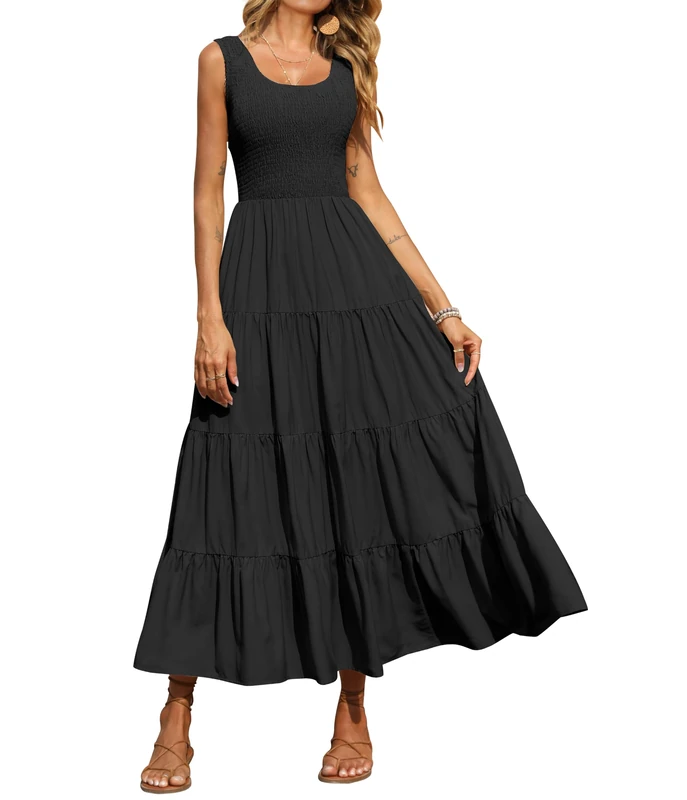 PRETTYGARDEN Women's 2023 Casual Loose Plain Maxi Sundress Smocked Tank Dress Sleeveless Summer Beach Tiered Long Dresses, Black, L