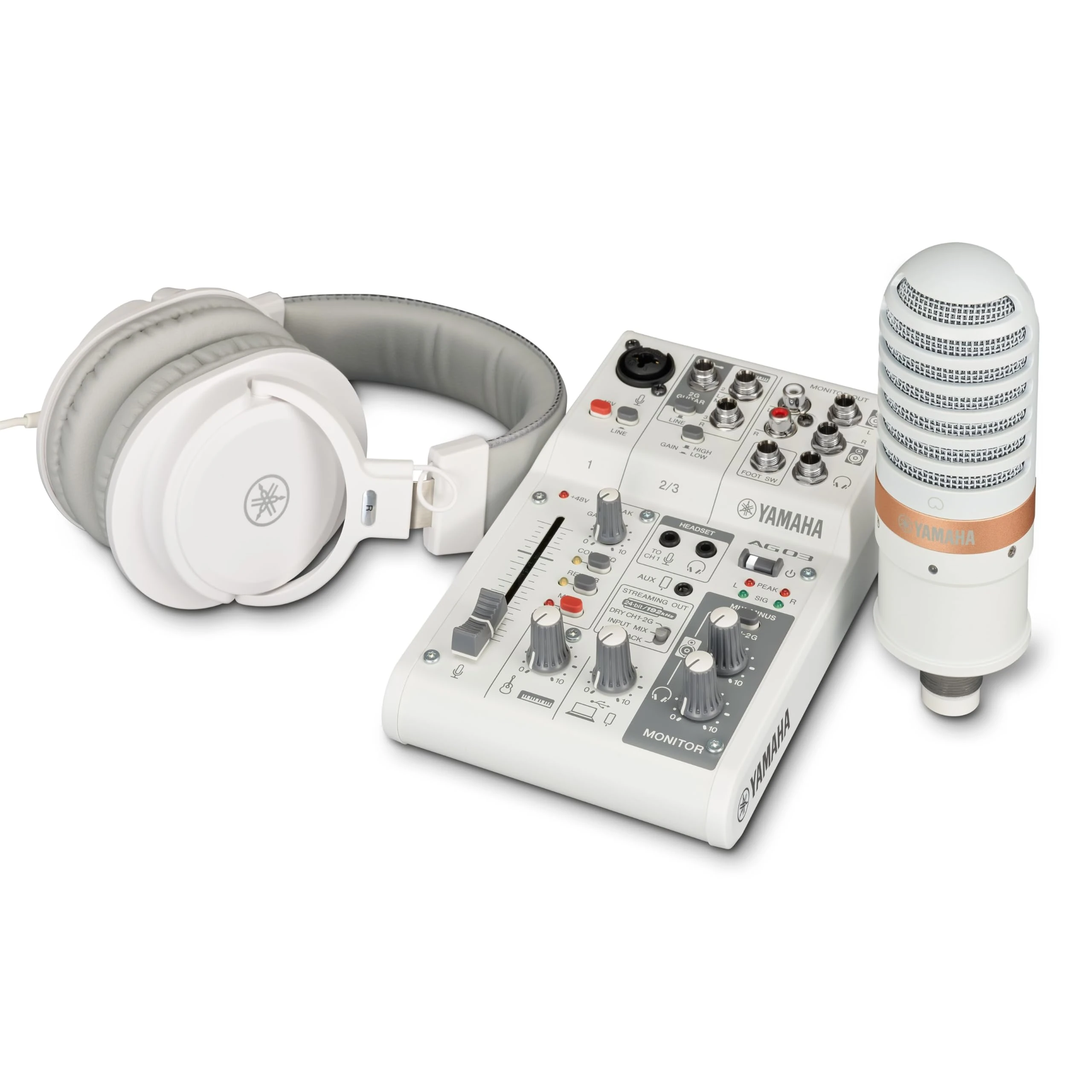 Yamaha AG03MK2 All-in-One Live Streaming Pack, Includes 3-Channel Mixer, Condenser Mic and Headphones, for Windows, Mac, iOS and Android, in White
