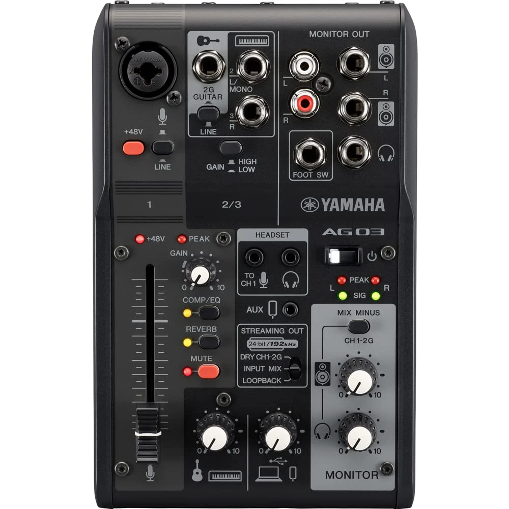 Yamaha AG03MK2 3-Channel Live Streaming Mixer with USB Audio Interface, for Windows, Mac, iOS and Android, in Black