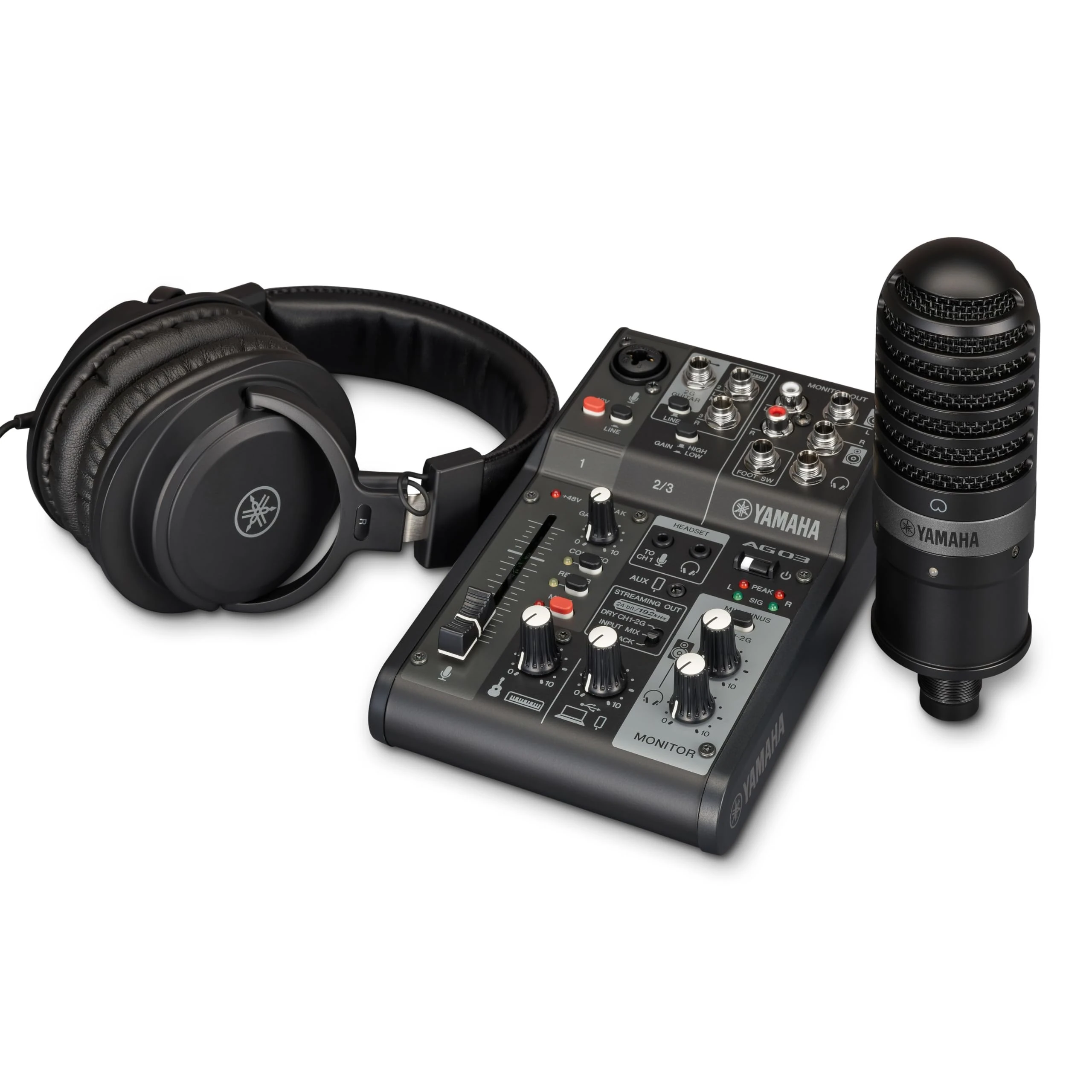 Yamaha AG03MK2 All-in-One Live Streaming Pack, Includes 3-Channel Mixer, Condenser Microphone and Headphones, for Windows, Mac, iOS and Android, in Black